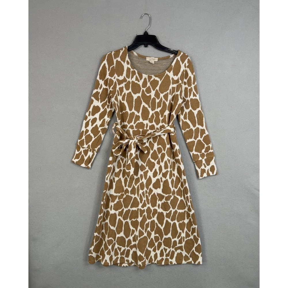 Astrid Sweater Dress Womens Small Brown Animal Print Belted Knit Midi Italy